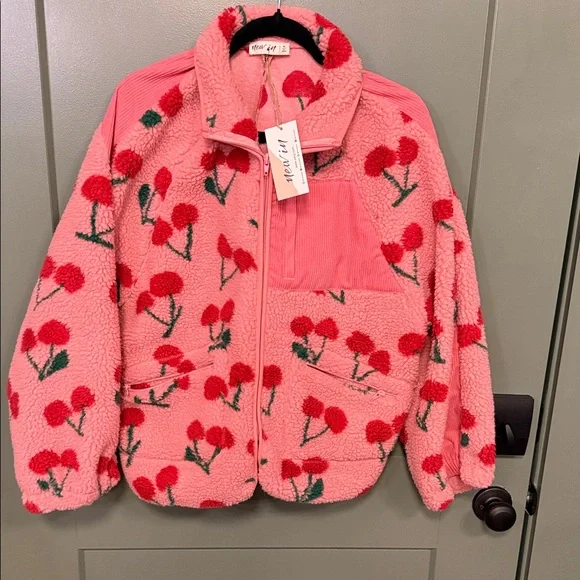 Pink Sherpa Jacket with Red Cherry Print - Picture 1 of 11